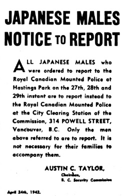 An April 24, 1942 newspaper notice ordering Japanese men to report to the RCMP at the Clearing Station of the B.C. Security Commission at 314 Powell Street; Vancouver Sun, http://www.vancouversun.com/news/photos+during+second+world/6278809/story.html.