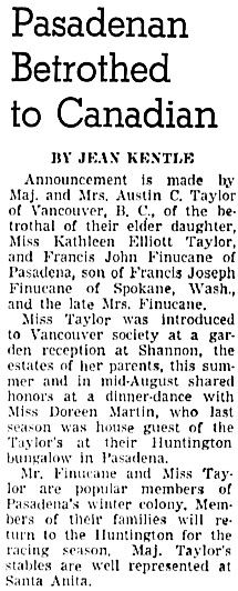 The Los Angeles Times, September 8, 1938, page 28, column 2 [includes photograph of Kathleen Elliott Taylor and Francis John Finucane].