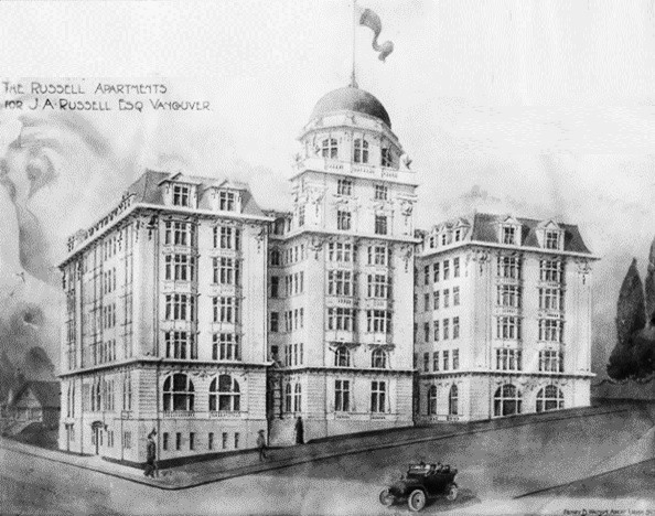 Drawing of the Russell apartments; by Henry B. Watson, architect; [about 1912], Vancouver City Archives, M-11-73; https://searcharchives.vancouver.ca/drawing-of-russell-apartents-by-henry-b-watson-architect.