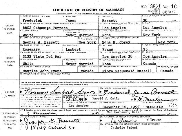Frederick James Bassett and Rosemary Lambert Evans - marriage - December 17 1955