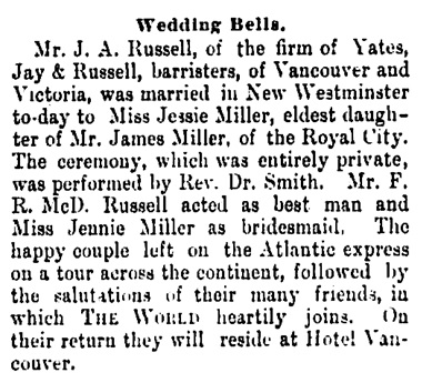 J A Russell and Jessie Miller - Millar - marriage - Vancouver Daily World - August 17 1892 - page 8 - column 2